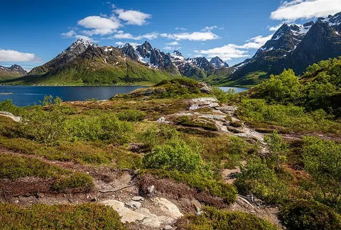 Austnesfjorden 峡湾与 Støvelhaugen 岩石步道，背后为罗弗敦尖峰